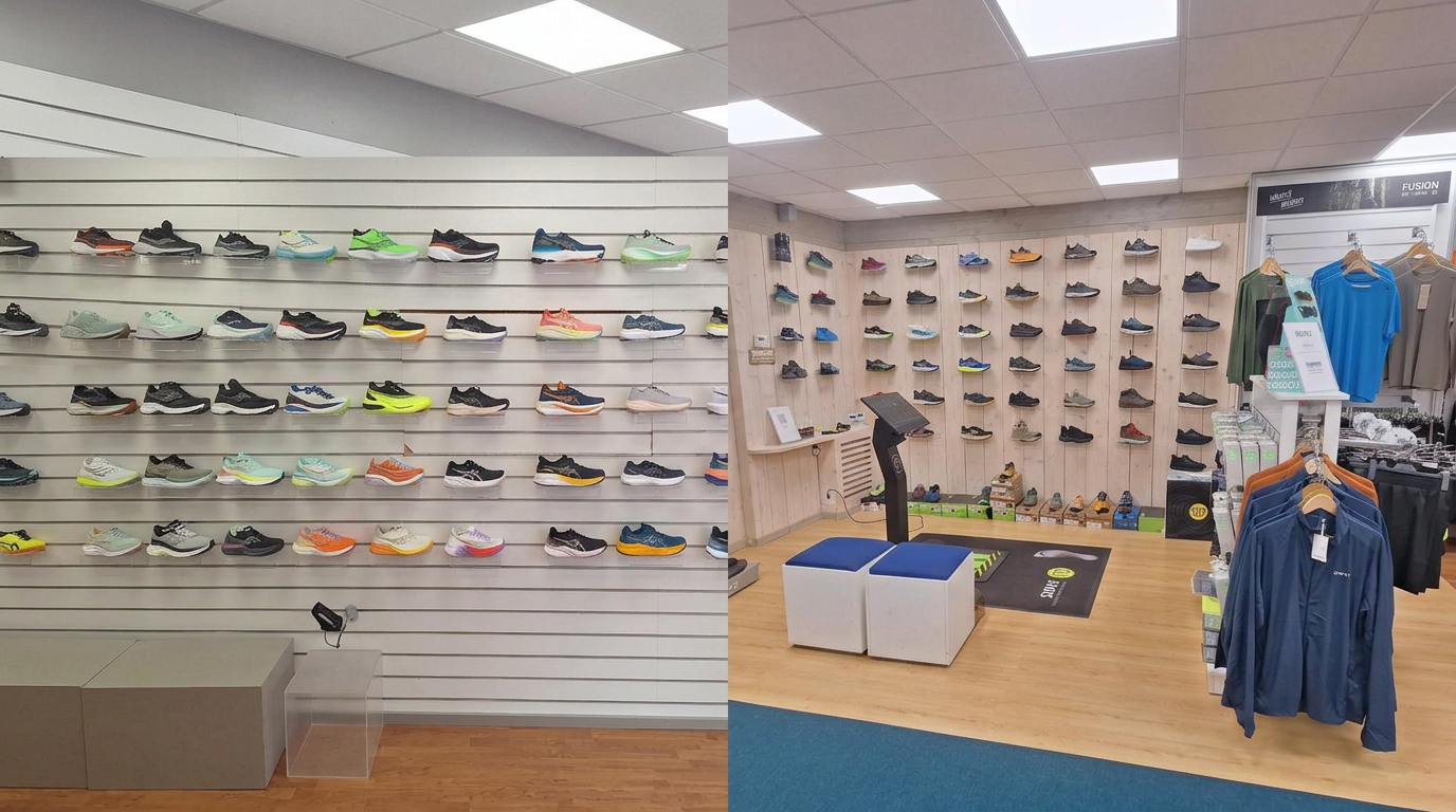 Schoenenwand en voetanalyse-opstelling bij Running Center Zutphen